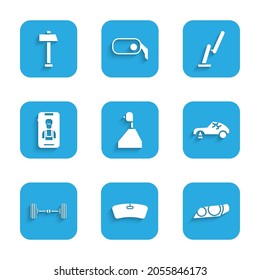 Set Gear shifter, Windshield, Car headlight, Broken car, Chassis, Online services, Windscreen wiper and Hammer icon. Vector