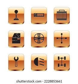 Set Gear shifter, Wrench spanner, High beam, Alloy wheel, Car door, radiator cooling system, Chassis car and Audio icon. Vector