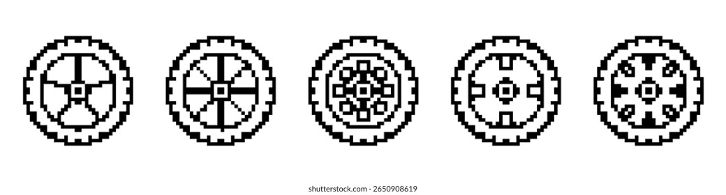 Set of Gear templates in pixel art style. Black mechanism silhouettes. Cogwheel, wheel, labels. Isolated on white background