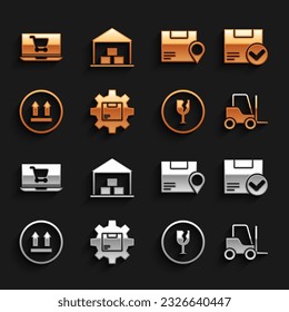 Set Gear wheel with package box, Package check mark, Forklift truck, Fragile broken glass, This side up, Location cardboard, Shopping cart laptop and Warehouse icon. Vector