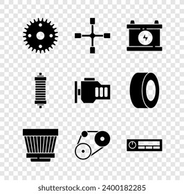 Set Gear, Wheel wrench, Car battery, air filter, Timing belt kit, Audio, Shock absorber and Check engine icon. Vector