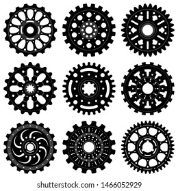 Set of gear wheels or cogs, technology and industry, black and white vector illustration