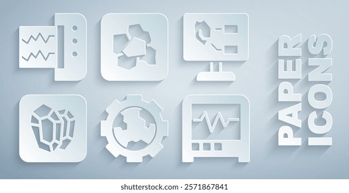 Set Gear wheels and earth, Soil analysis, Gem stone, Seismograph, Gold nugget and  icon. Vector