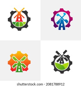 Conjunto de la plantilla vectorial de diseño del logotipo del molino de viento de engranajes. Concepto del logotipo de Windmill creativo