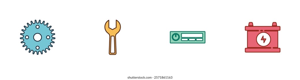 Set Gear, Wrench spanner, Car Audio and battery icon. Vector