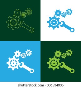 Set of gears and adjustable wrench  icon with color variations. Vector EPS 10   