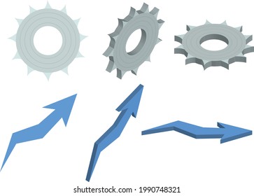 conjunto de engranajes y flechas azules que indican la dirección de los iconos 3D de fondo blanco para el concepto de negocio