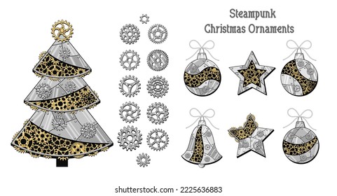 Set of gears, christmas tree, ball, star, bell in steampunk style