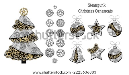 Set of gears, christmas tree, ball, star, bell in steampunk style