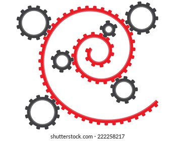 Set of gears of different sizes arranged in a spiral