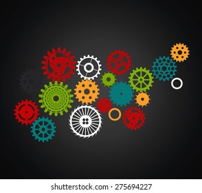 set of gears of different sizes and shapes, color on black background