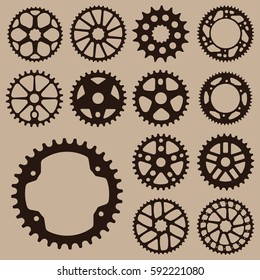 Set of gears. Gear wheel collection. 
Bicycle gear cogwheel sprocket symbols chain wheel. Group of gears. Bicycle crank vector collection.