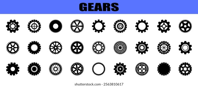 Set gears label and badges line black icon collections. Wheel cogwheel.