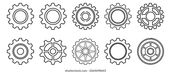 Establezca las colecciones de la etiqueta de engranajes y las insignias de la línea negra del icono. Vector de rueda dentada. Trazo editable