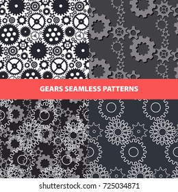 Set of gears monochrome seamless patterns. Vector backgrounds.