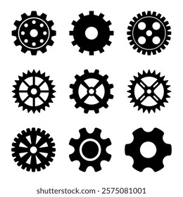 Set of Gears Shapes Vector Illustration. Each gear features a unique design, including variations in the number of teeth, inner structures, and spoke patterns.