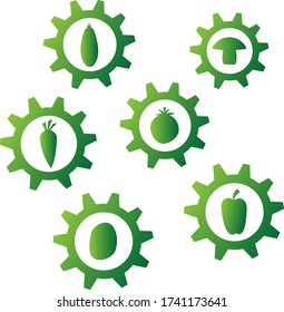 Set of gears with vegetables icons on a white background concept of food and summer harvest.