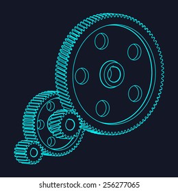 Set of gears wheels of the same module. Perspective view of gear teeth. Technical drawing for the engineering background or composition.