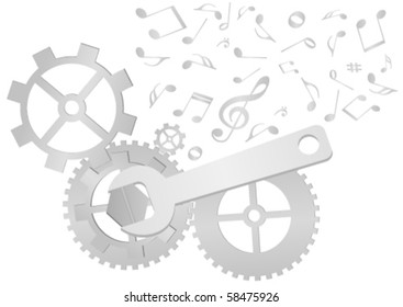 Set of gears and wrench with music notes