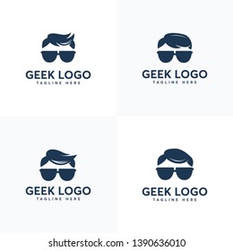 Set of Geek Head Face logo designs vector, Social geek logo template