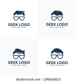 Set of Geek Head Face logo designs vector, Social geek logo template