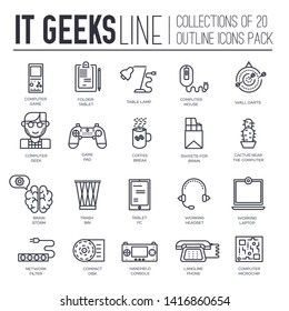 Set of IT geeks, gadgets, devices thin line icons on white background. Programmer, gambler suppliers outline pictograms collection. Computer whiz vector element for infographic, web.