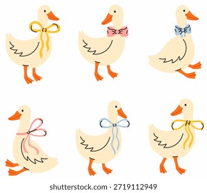 Conjunto de gansos con arcos. Ilustración vectorial plana.