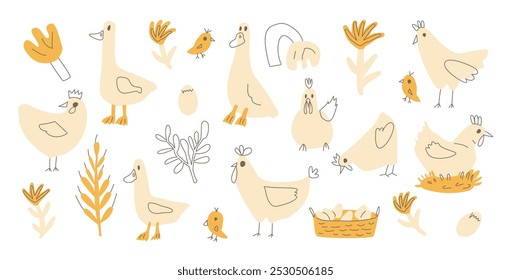 Conjunto de gansos e galinhas com ovos e flores. Elementos de farm desenhados à mão vetorial. Aves domésticas e a ilustração de coleção desenhada à mão do quintal isolada no fundo branco.