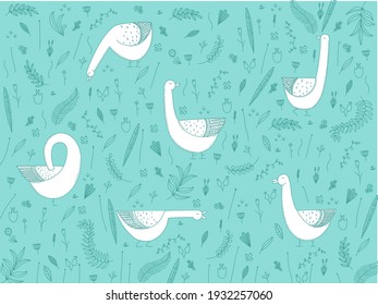 Conjunto de gansos.
Patrón dibujado a mano con ganso lindo. Caricatura Mano Dibujando Doodles de oca Vector Ilustración de fondo.Un rebaño de gansos blancos.