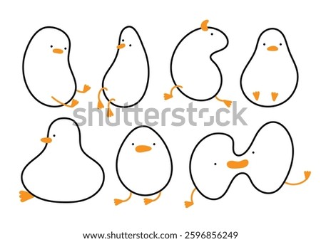 Set of geese in various poses. Farm animal design comic birds in different poses, funny characters. Hand Draw ducks. Doodle goose set. Cartoon vector illustration isolated on background.
