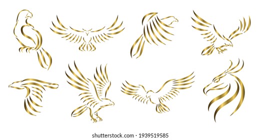 Set of geight line art vector logo of golden eagle. Can be used as a logo Or decorative items.