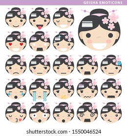 Set of geisha emoticons with different faces and expressions.