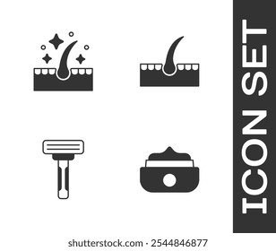 Set Gel or wax for hair styling, Oil care treatment, Shaving razor and Human follicle icon. Vector