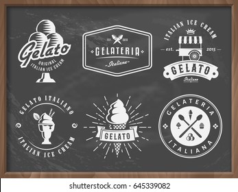 Set of gelato ice cream badges on grungy chalkboard background. Traditional italian dessert. Retro logos for cafeteria or bar.