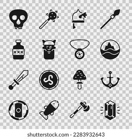 Fijar piedra Gem, Ancla, Mar y olas, Viking en casco con cuernos, cabeza, botella Whiskey, Calavera y collar con icono de gema. Vector