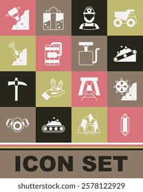 Set Gem stone, Bucket wheel excavator, Conveyor belt carrying coal, Miner helmet, Dynamite, Shovel and, Construction jackhammer and Handle detonator icon. Vector