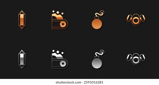Set Gem stone, Conveyor belt carrying coal, Bomb and Gas mask icon. Vector