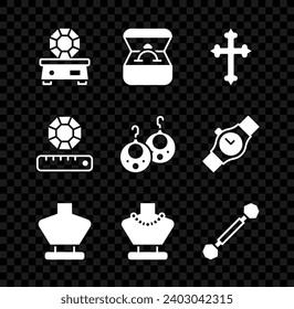 Set Gem stone, Diamond engagement ring in box, Christian cross, Necklace mannequin, Piercing,  and Earrings icon. Vector
