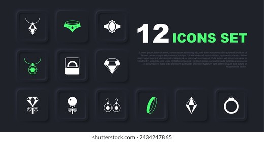 Set Gem stone, Diamond engagement ring, box, Wedding, Pendant necklace, Stud earrings, Necklace and Earrings icon. Vector