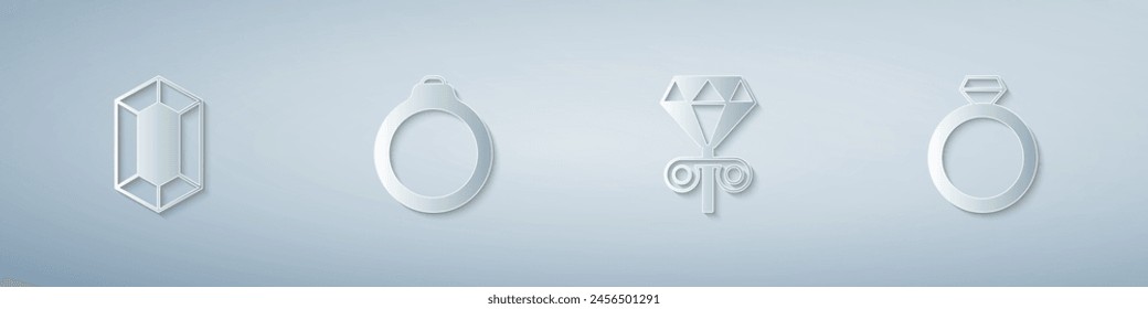Set Piedra preciosa, anillo de compromiso de diamantes, pendientes de perno y . Estilo de arte de papel. Vector