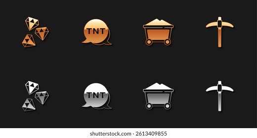 Set Gem stone, Dynamite, Mine coal trolley and Pickaxe icon. Vector