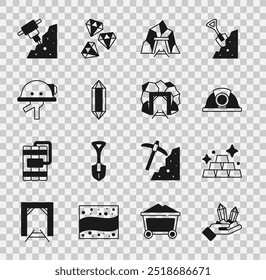 Set Gem pedra, barras de ouro, capacete Mineiro, entrada, Jackhammer Construção e ícone. Vetor