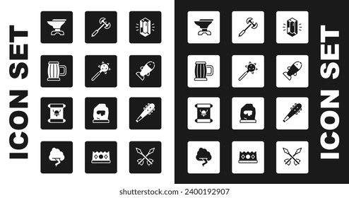 Set Gem stone, Mace with spikes, Wooden beer mug, Anvil for blacksmithing, Fish, Medieval poleaxe,  and Decree, parchment, scroll icon. Vector