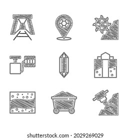 Set Gem stone, Mine coal trolley, Construction jackhammer, entrance, Gold mine, Handle detonator, Bucket wheel excavator and  icon. Vector