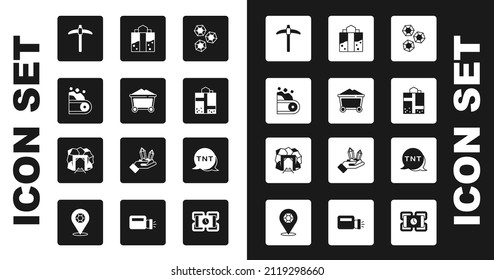 Set Gem stone, Mine coal trolley, Conveyor belt carrying, Pickaxe, entrance, Dynamite and  icon. Vector