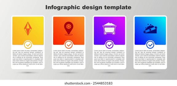 Conjunto de piedras preciosas, carro de carbón de mina y transporte de cinta transportadora. Plantilla de infografía de negocios. Vector