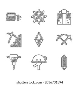 Fijar piedra Gem, casco Miner, Pickaxe, Martillo jackmer de construcción, entrada e icono de la linterna. Vector