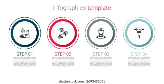 Conjunto de piedra preciosa, minero en un casco y martillo neumático de construcción. Plantilla de infografía de negocios. Vector