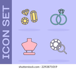 Set Gem stone, , Necklace mannequin and Wedding rings icon. Vector