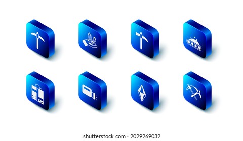Set Gem stone, Pickaxe, Conveyor belt carrying coal, Flashlight, Mine entrance and  icon. Vector